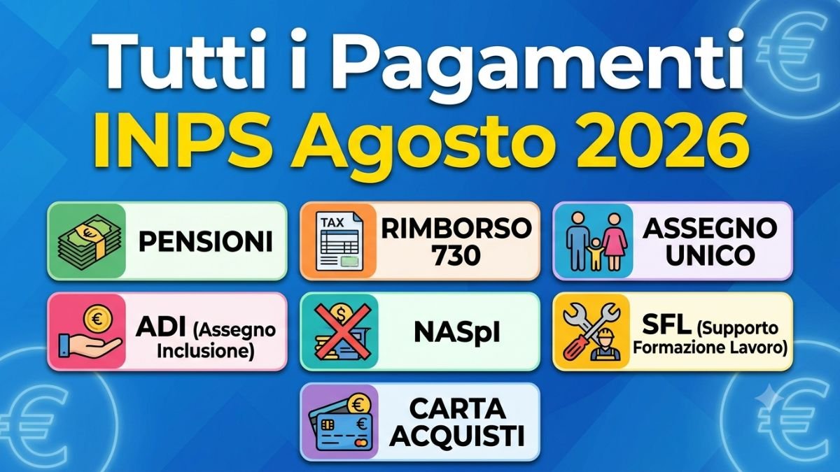Tutti i Pagamenti INPS Agosto 2026: Pensioni, rimborso 730, Assegno Unico, ADI, NASpI, SFL e Carta Acquisti